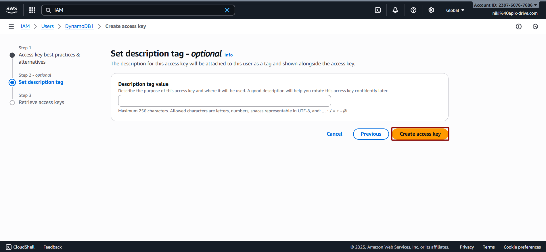 Налаштування Amazon DynamoDB Створення Access key