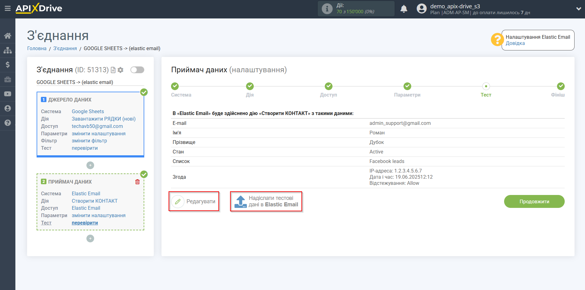 Налаштування Приймача даних Elastic Email | Тестові дані Налаштування Приймача даних Elastic Email | Тестові дані