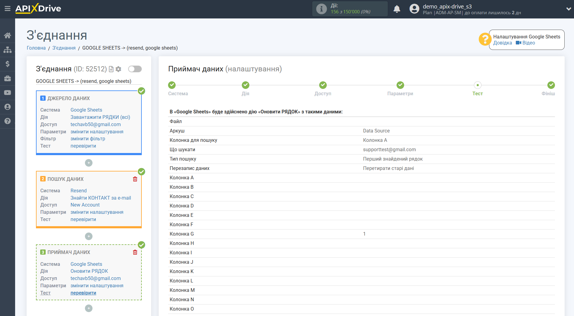 Налаштування Пошуку Контакту Resend у Google Sheets | Тестові дані Налаштування Пошуку Контакту Resend у Google Sheets | Тестові дані