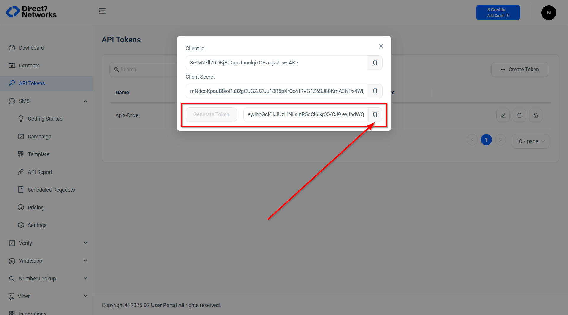 Налаштування Приймача даних D7 SMS | Копіювання API Token