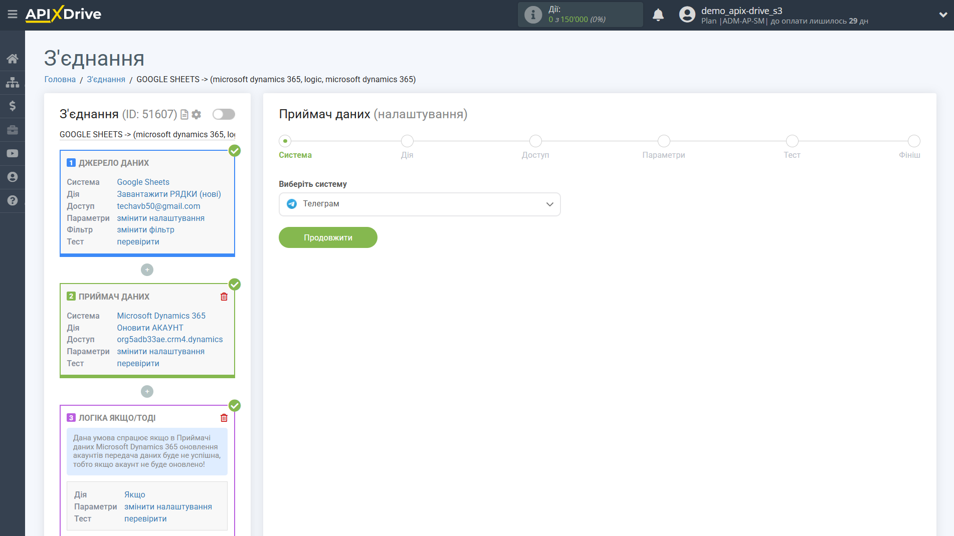 Microsoft Dynamics 365 Оновити АКАУНТ / Створити АКАУНТ | Вибір системи Приймача даних