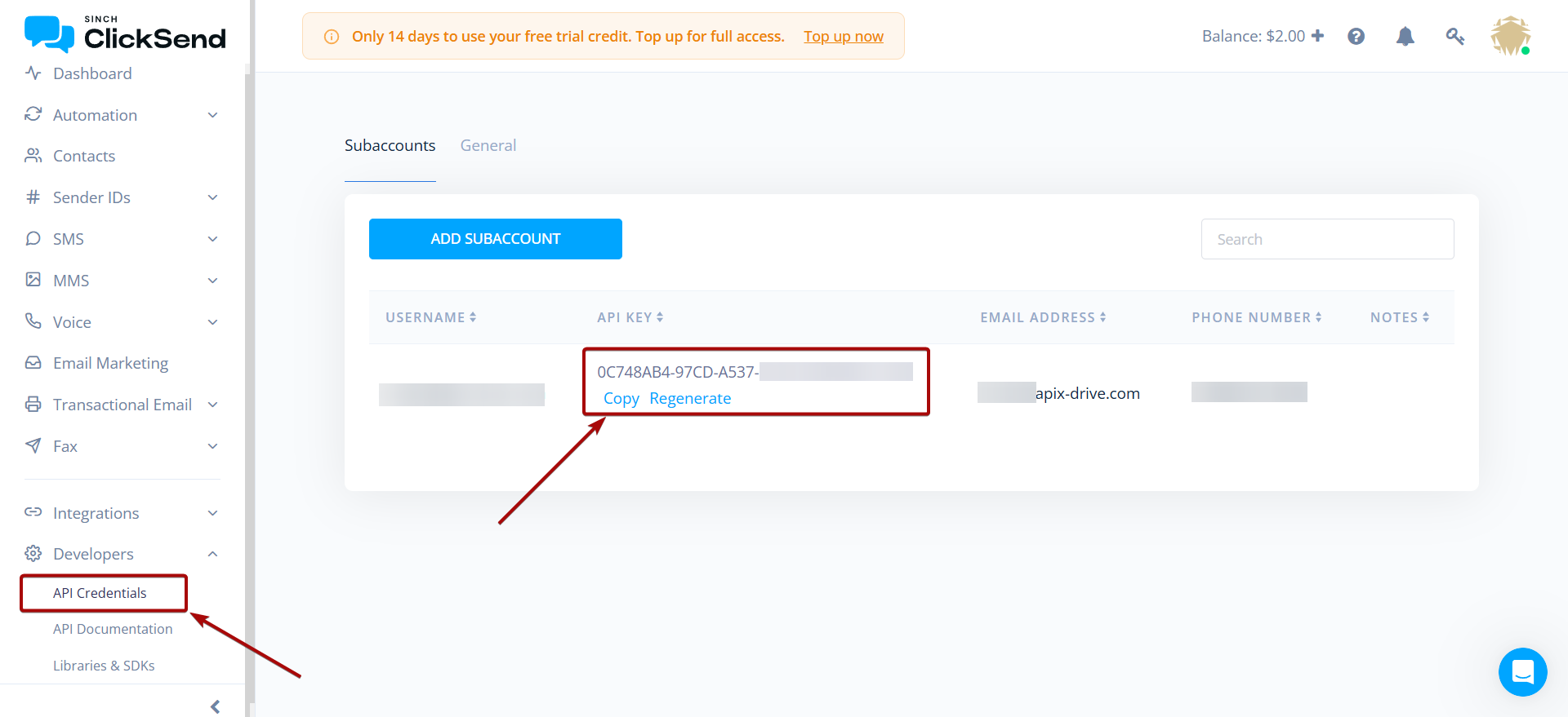 Налаштування Приймача даних ClickSend | Ключ API