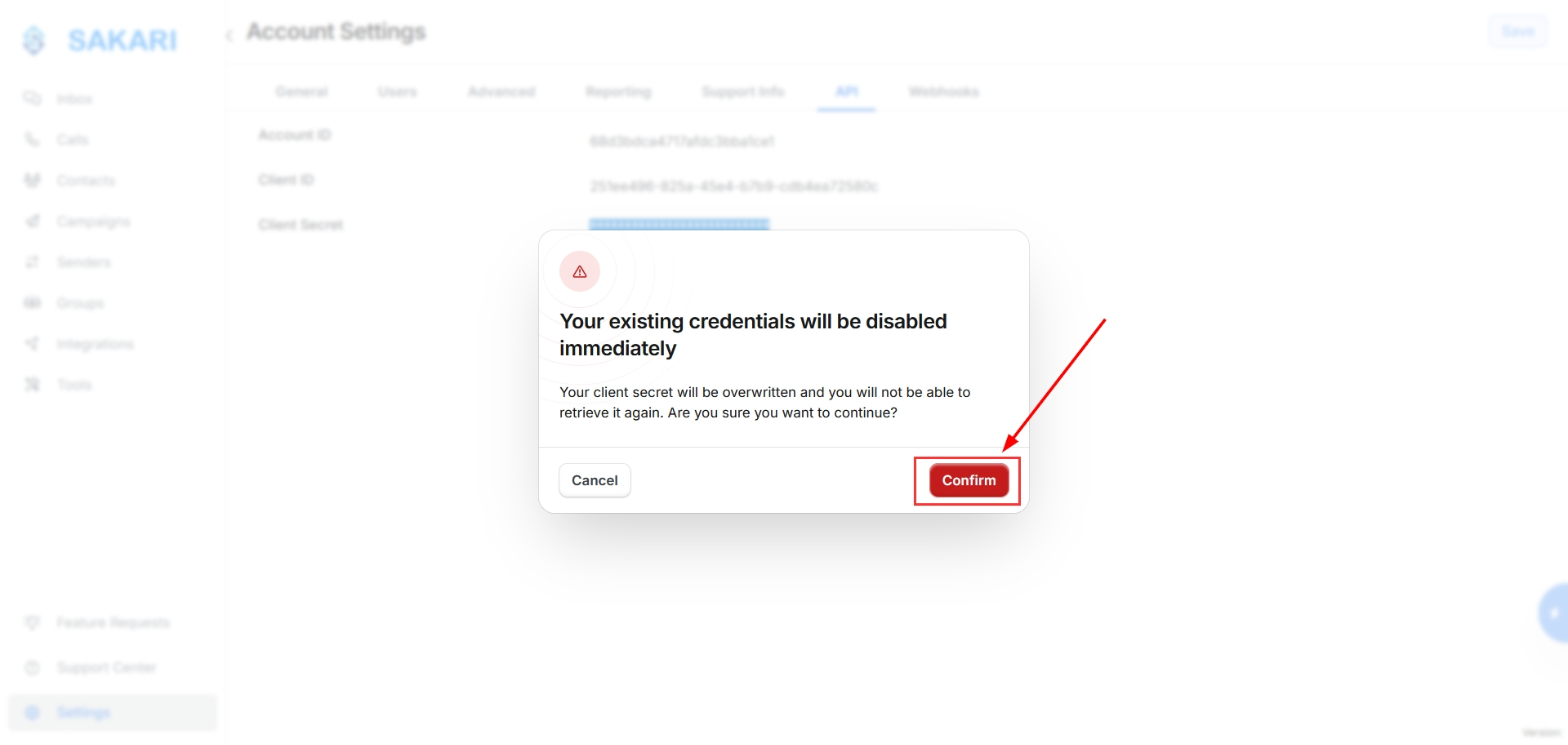 Налаштування Приймача даних Sakari | Підтвердження оновлення API