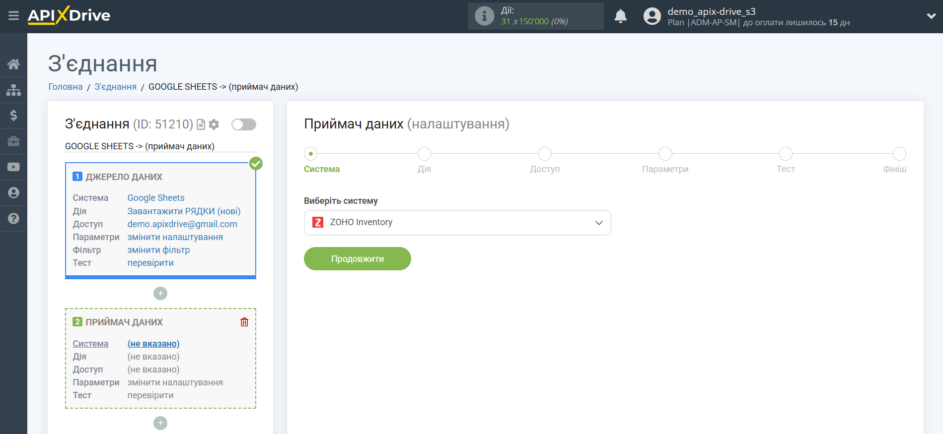 Налаштування Приймача даних Zoho Inventory | Вибір системи Приймача даних
