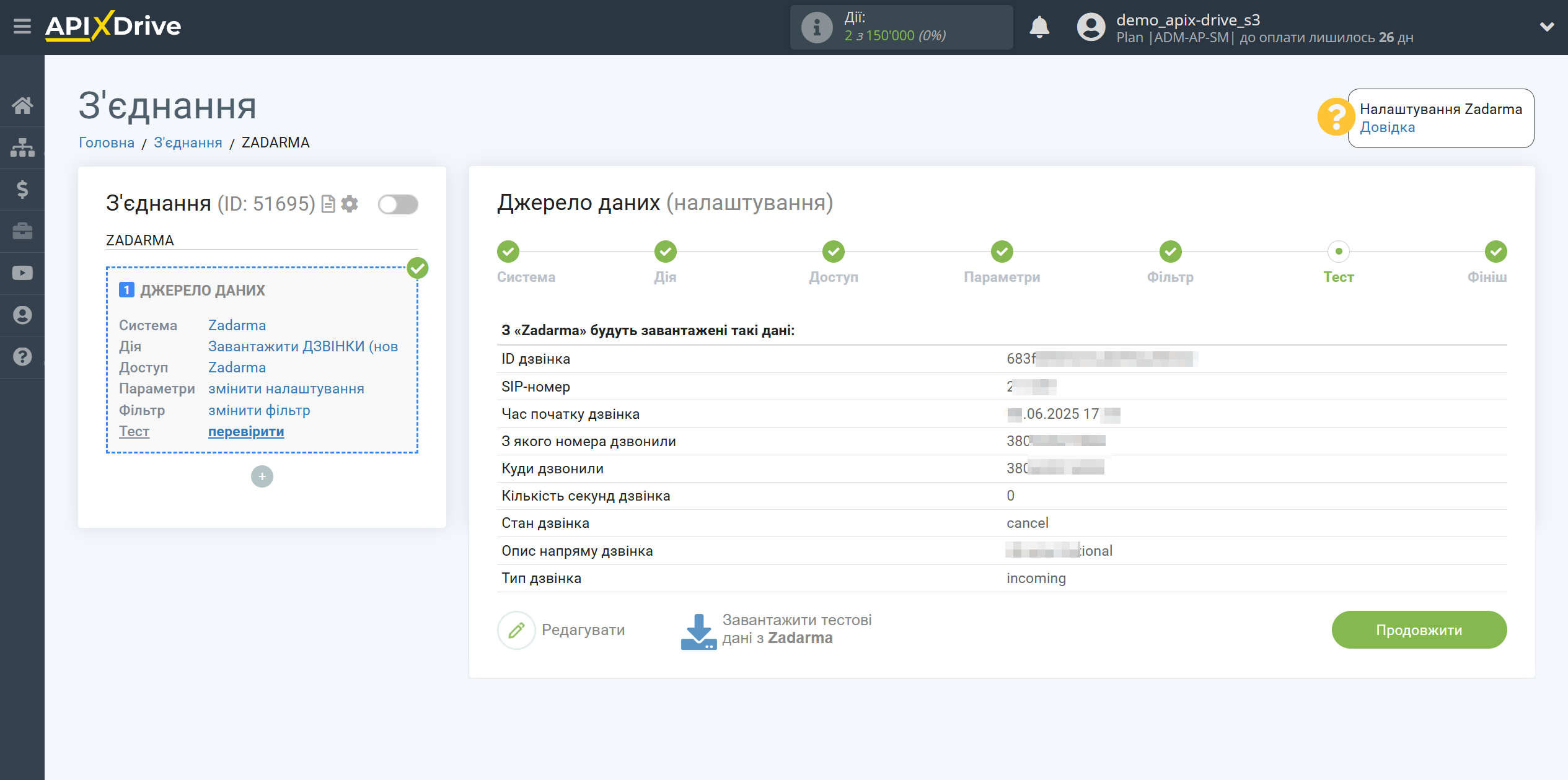Налаштування Zadarma | Тестові дані