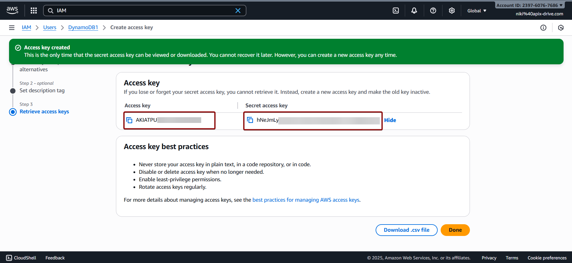 Налаштування Amazon DynamoDB Копіювання "Access key ID" та "Secret access key"