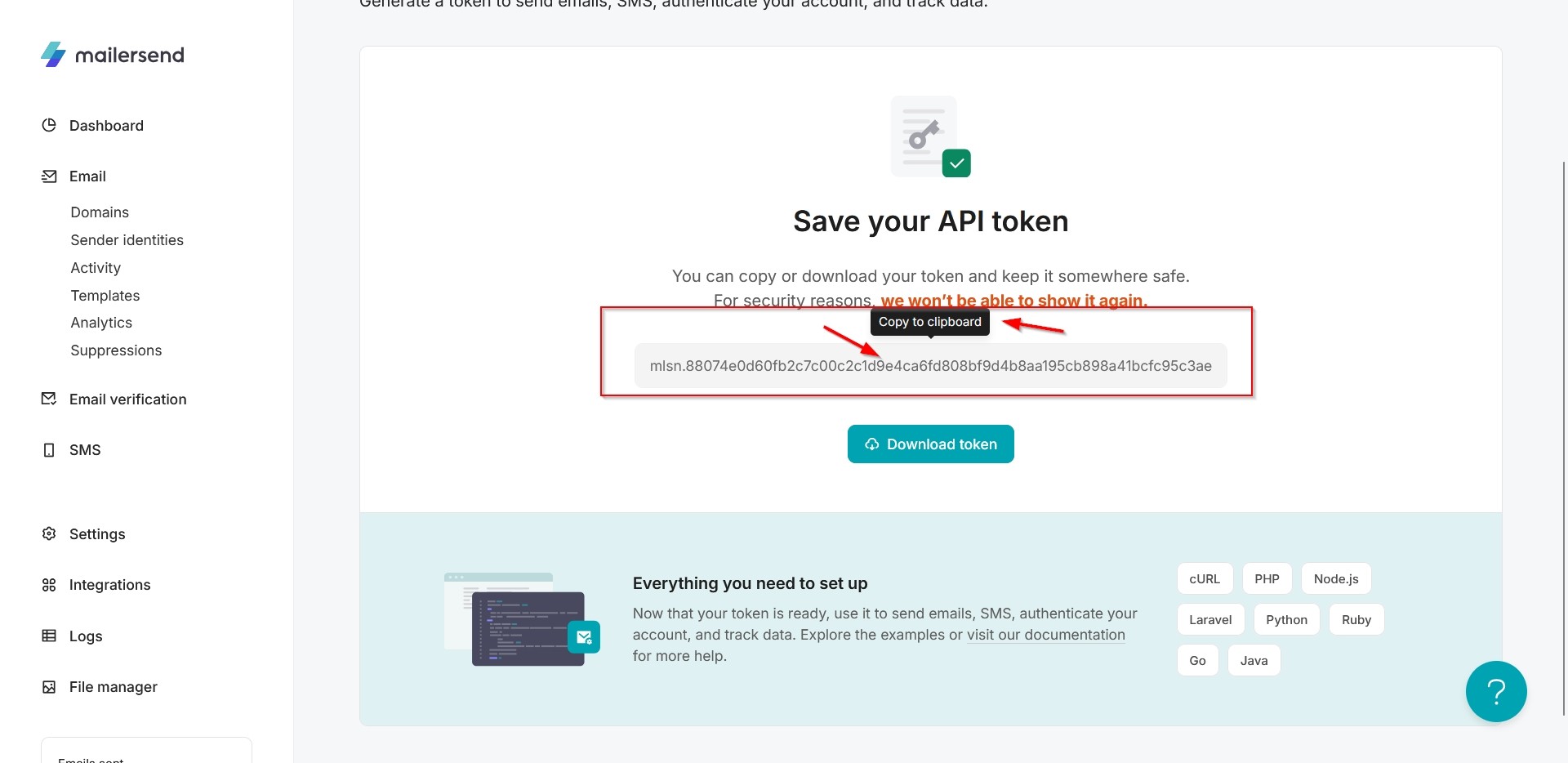 Налаштування Приймача даних MailerSend | API токен в акаунті MailerSend