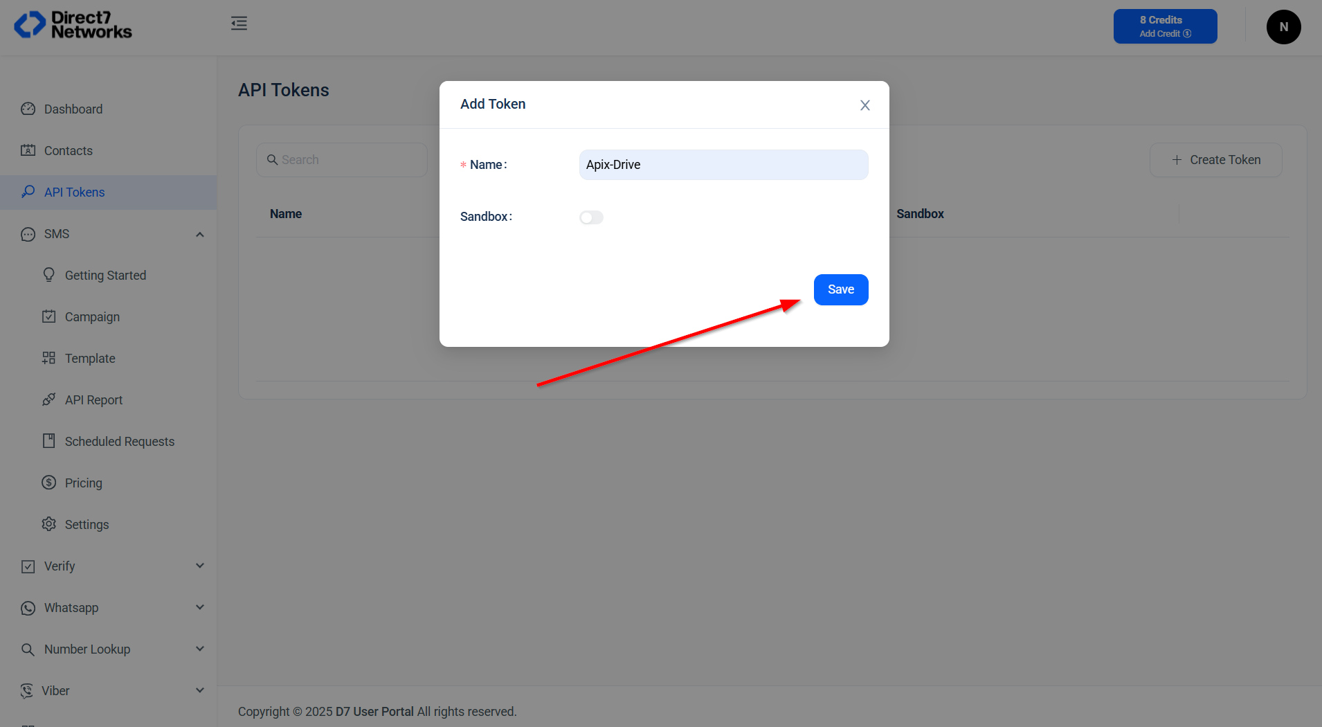 Налаштування Приймача даних D7 SMS | Шлях до API Token