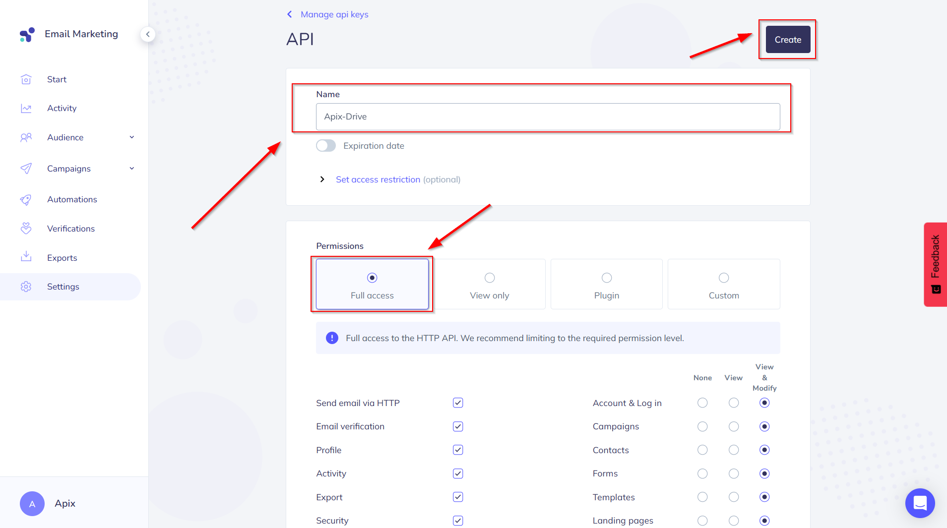 Налаштування Приймача даних Elastic Email | Створення ключа API Налаштування Приймача даних Elastic Email | Створення ключа API