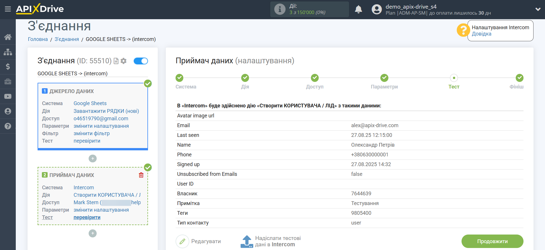 Налаштування Приймача даних Intercom | Тестові дані