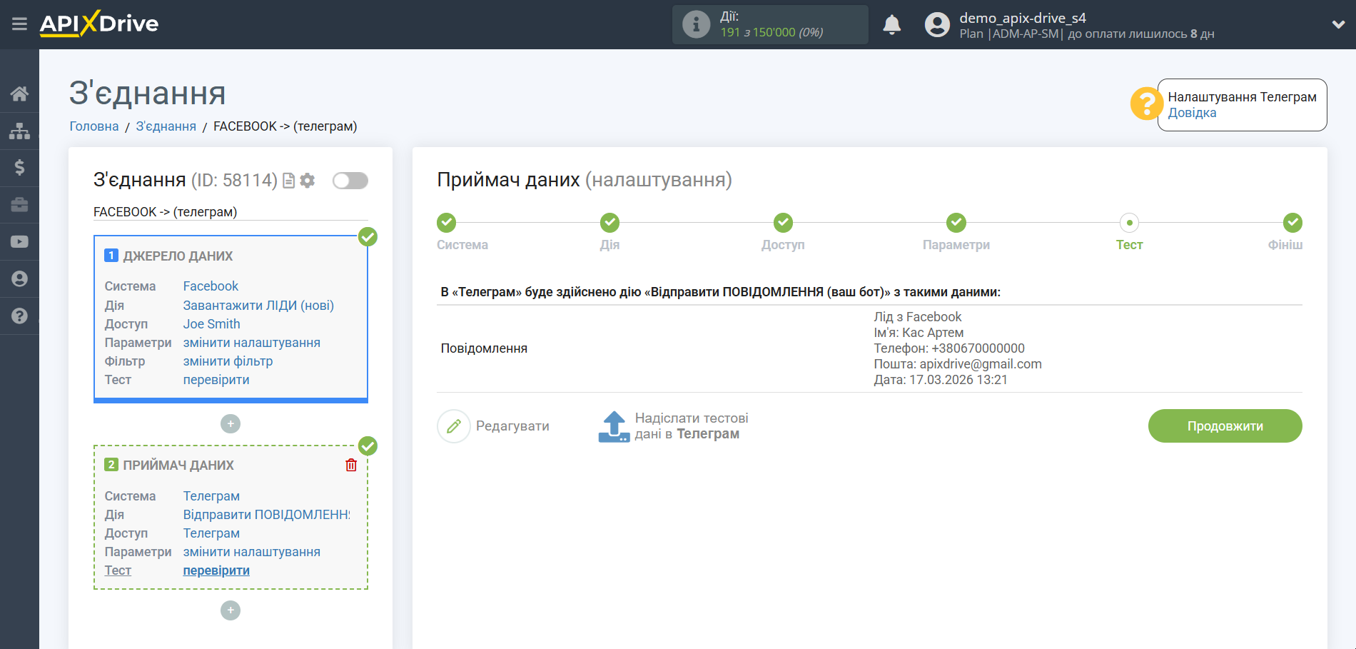 Налаштування Приймача даних Телеграм | Тестові дані Налаштування Приймача даних Телеграм | Тестові дані