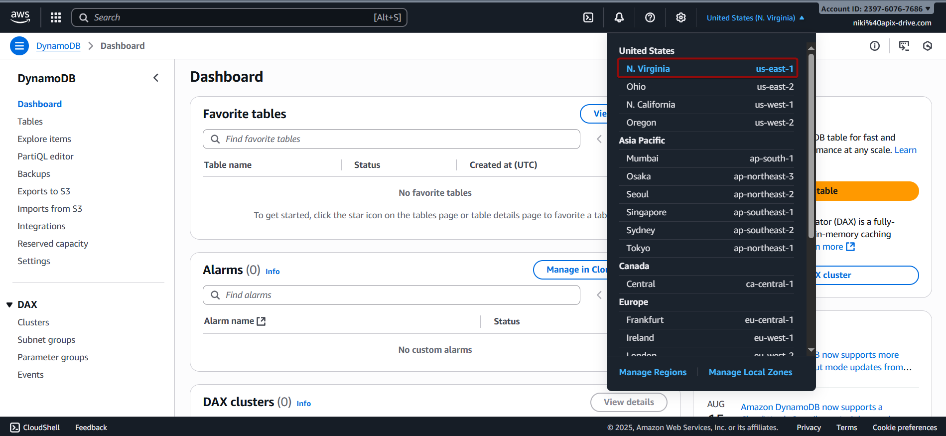 Налаштування Amazon DynamoDB Вибір регіону