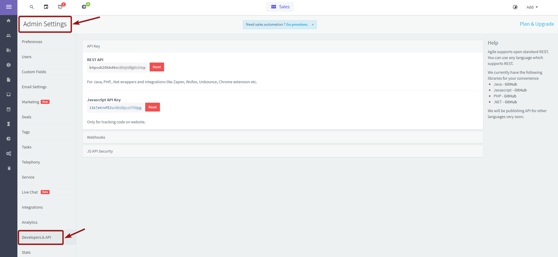 Налаштування AgileCRM | Ключ API Налаштування AgileCRM | Ключ API