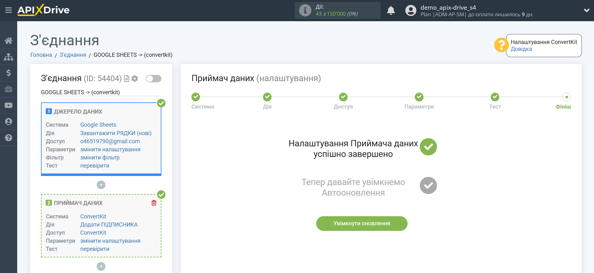 Налаштування Приймача даних ConvertKit | Перехід до увімкнення автооновлення Налаштування Приймача даних ConvertKit | Перехід до увімкнення автооновлення