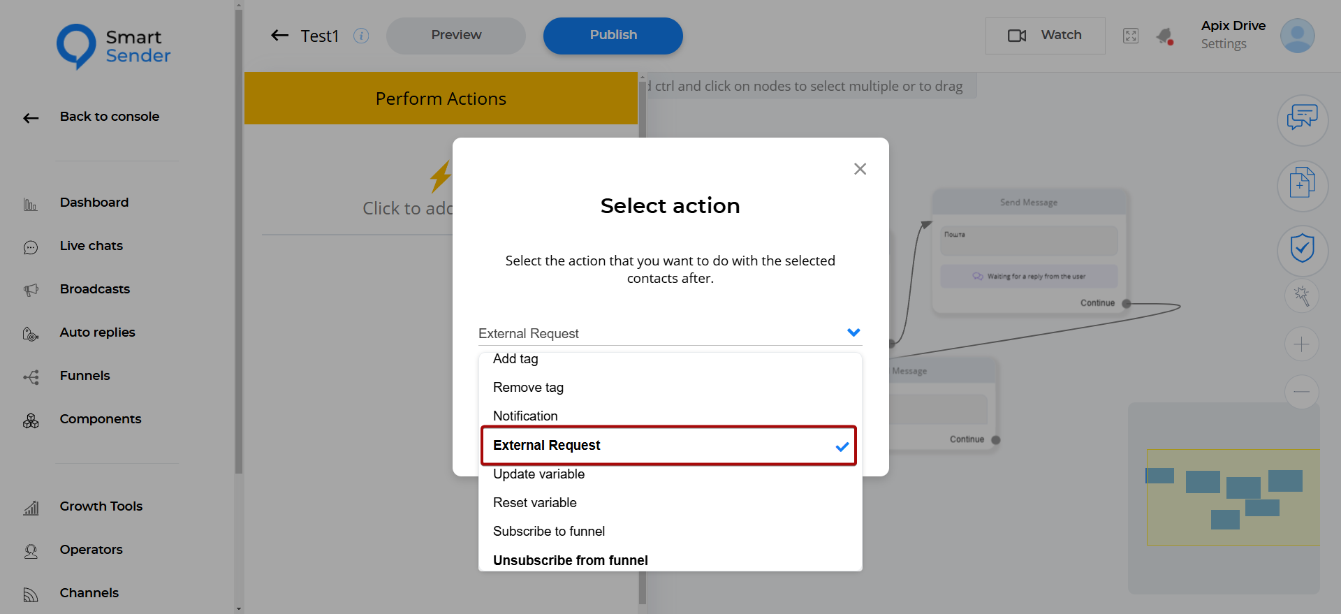 Налаштування Smart Sender (webhook) | Налаштування в SmartSender, вибір "Дії" Налаштування Smart Sender (webhook) | Налаштування в SmartSender, вибір "Дії"