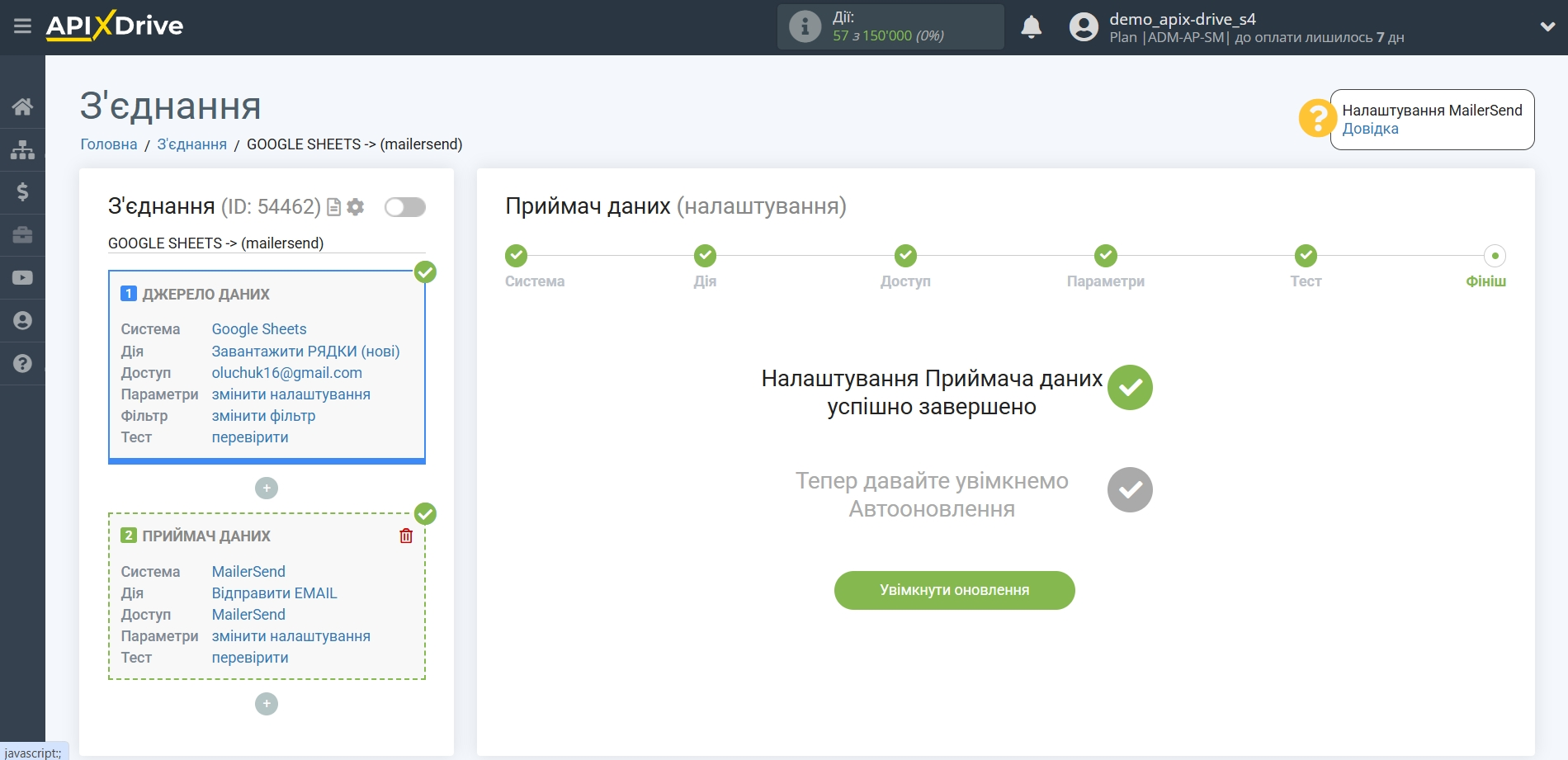 Налаштування Приймача даних MailerSend | Перехід до увімкнення автооновлення