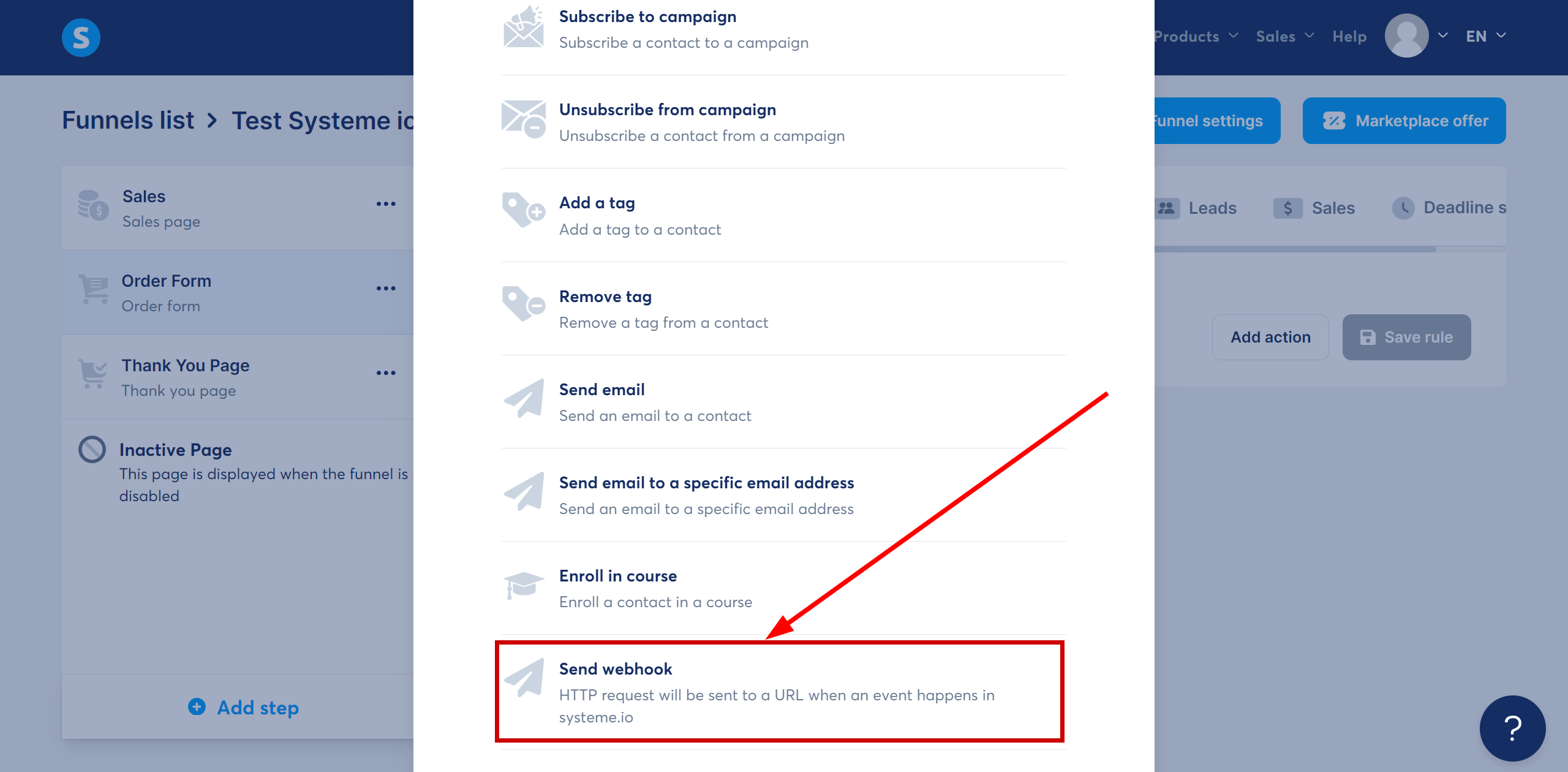 Налаштування Systeme.io | Вибір дії Webhook