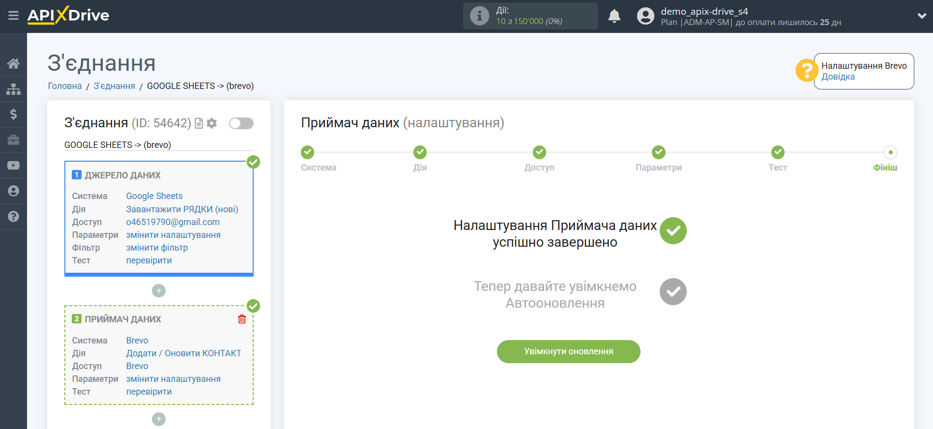 Налаштування Приймача даних Brevo | Перехід до увімкнення автооновлення Налаштування Приймача даних Brevo | Перехід до увімкнення автооновлення