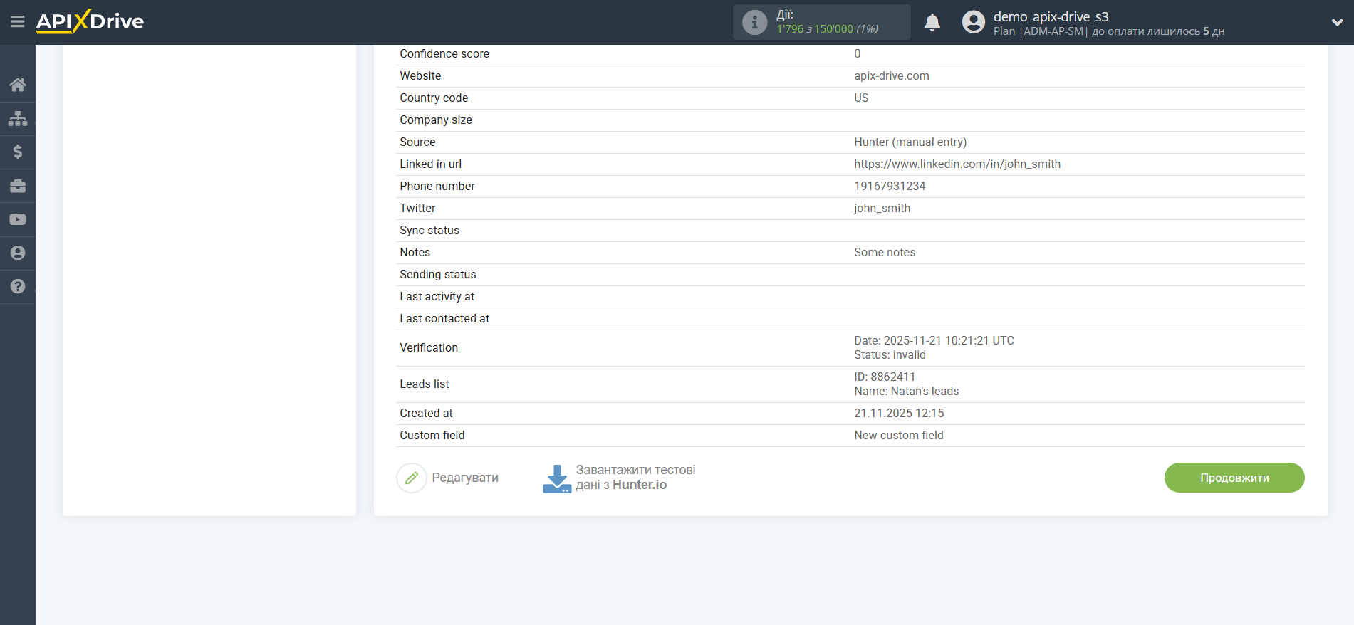 Налаштування Hunter.io | Тестові дані