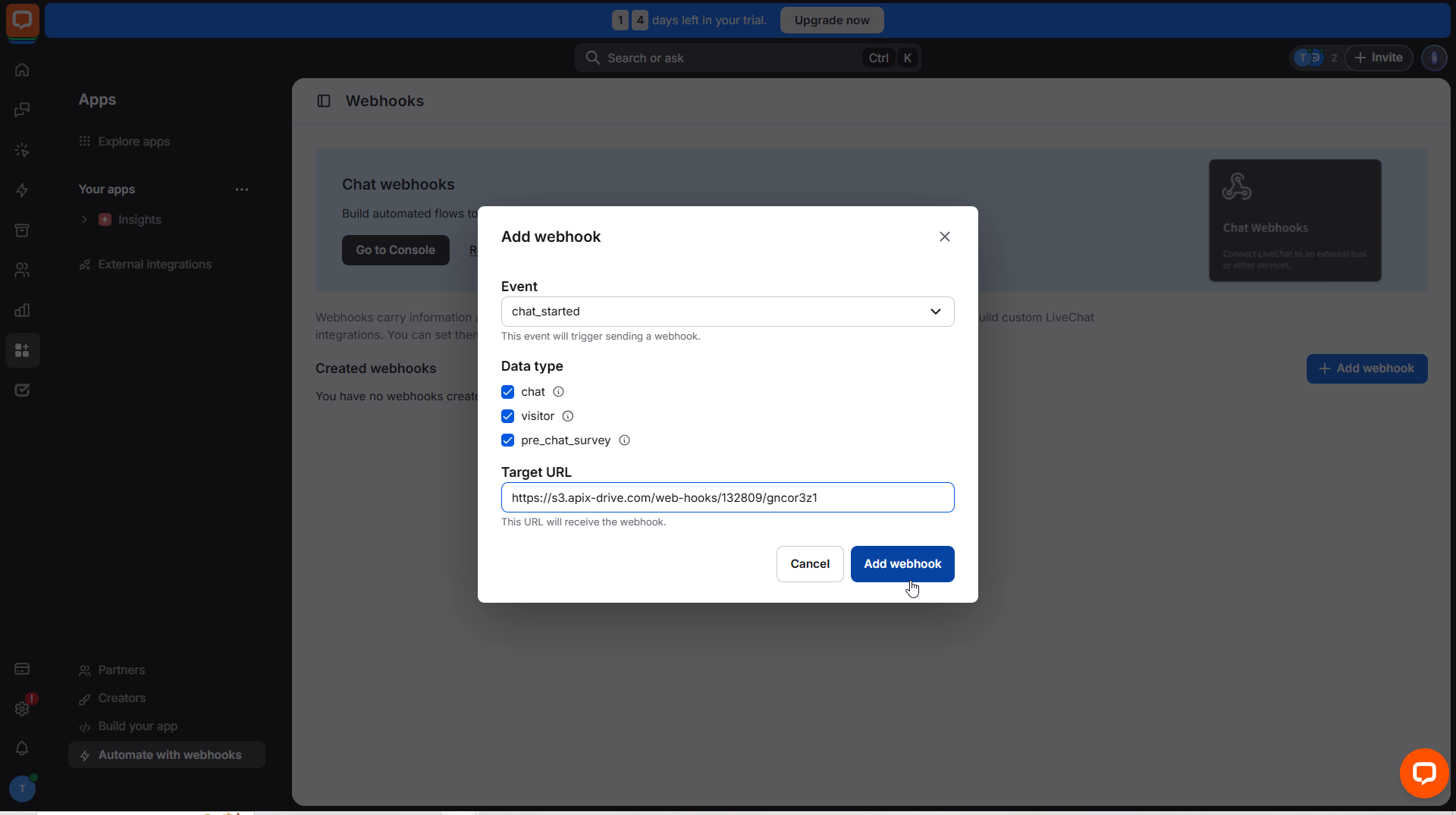 Налаштування LiveChat | Налаштування Webhook