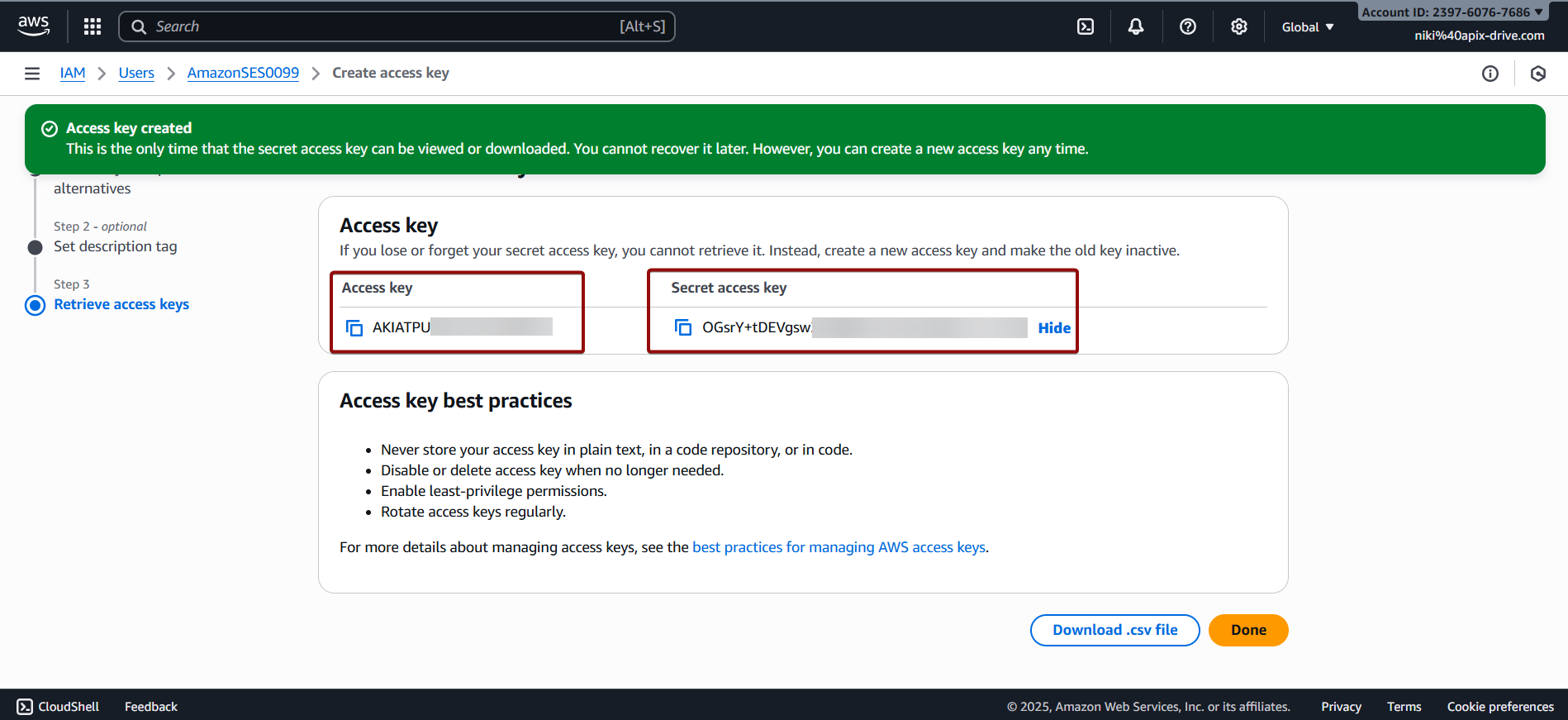 Налаштування Amazon SES | Копіювання "Access key ID" та "Secret access key"