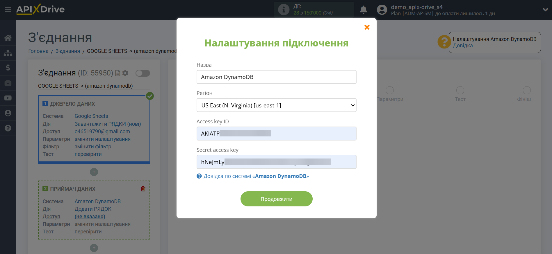 Налаштування Приймача даних Amazon DynamoDB | Внесення даних
