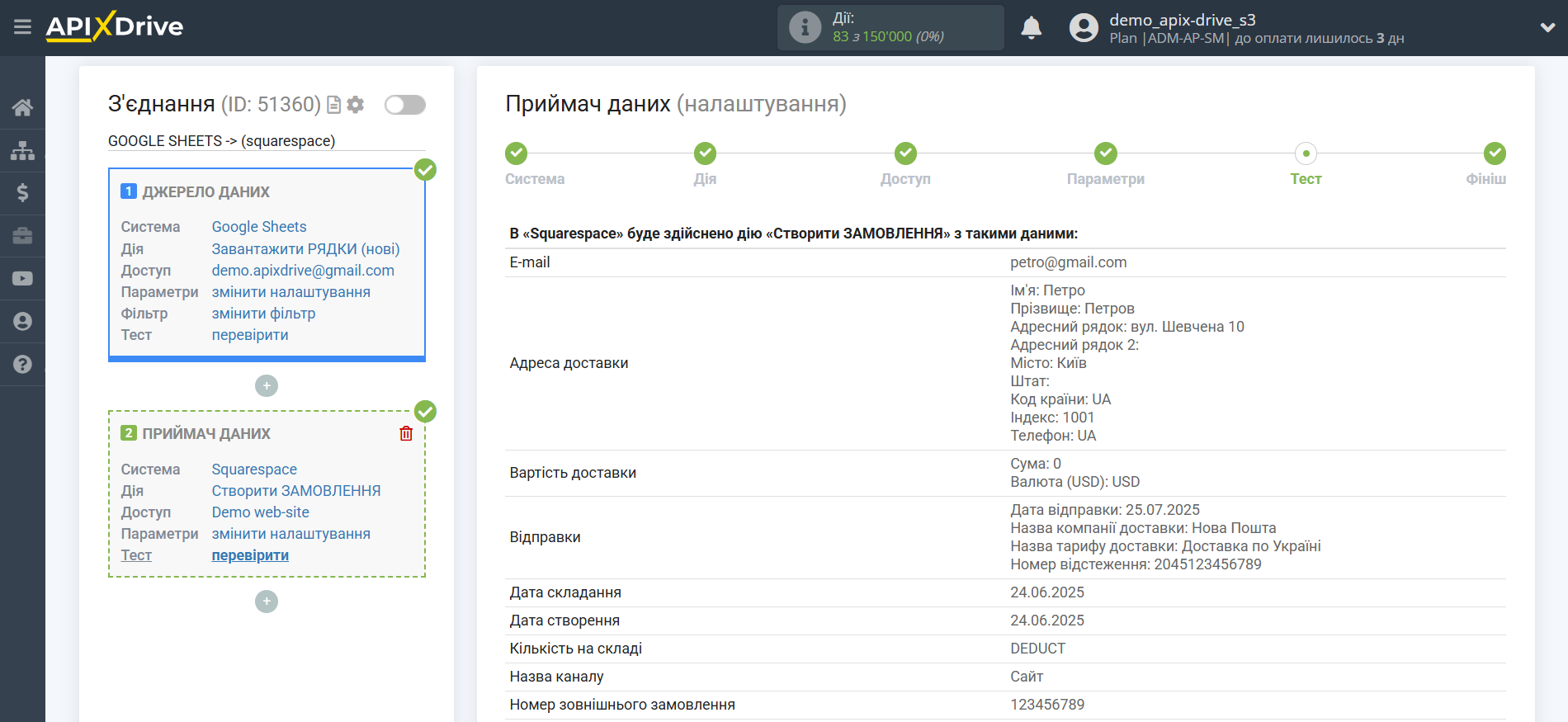 Налаштування Приймача даних Squarespace | Тестові дані