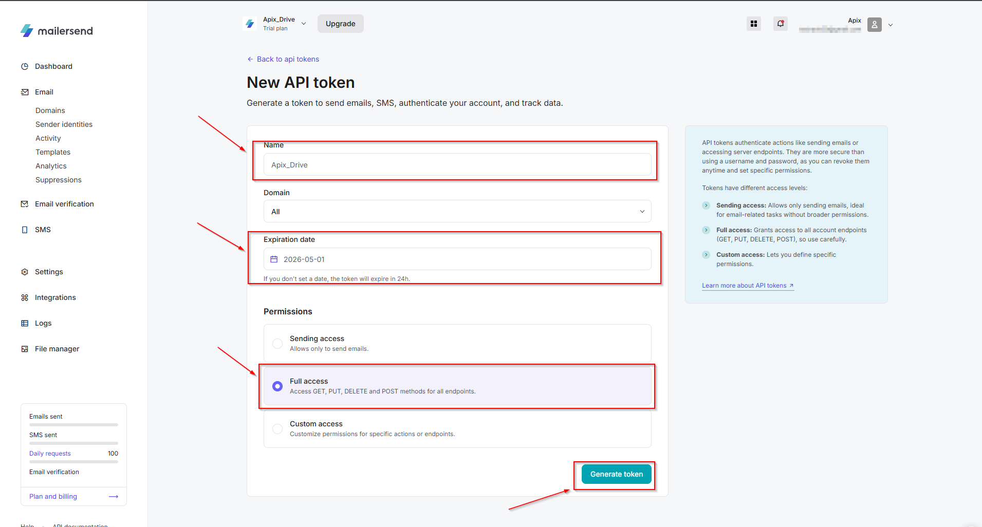 Налаштування MailerSend | Створення API токена Налаштування MailerSend | Створення API токена