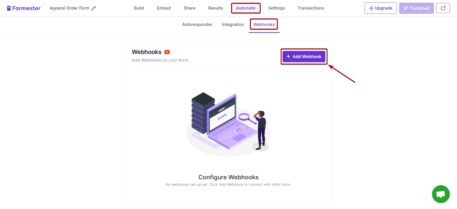 Налаштування Formester | Перехід до розділу відправки даних Webhook