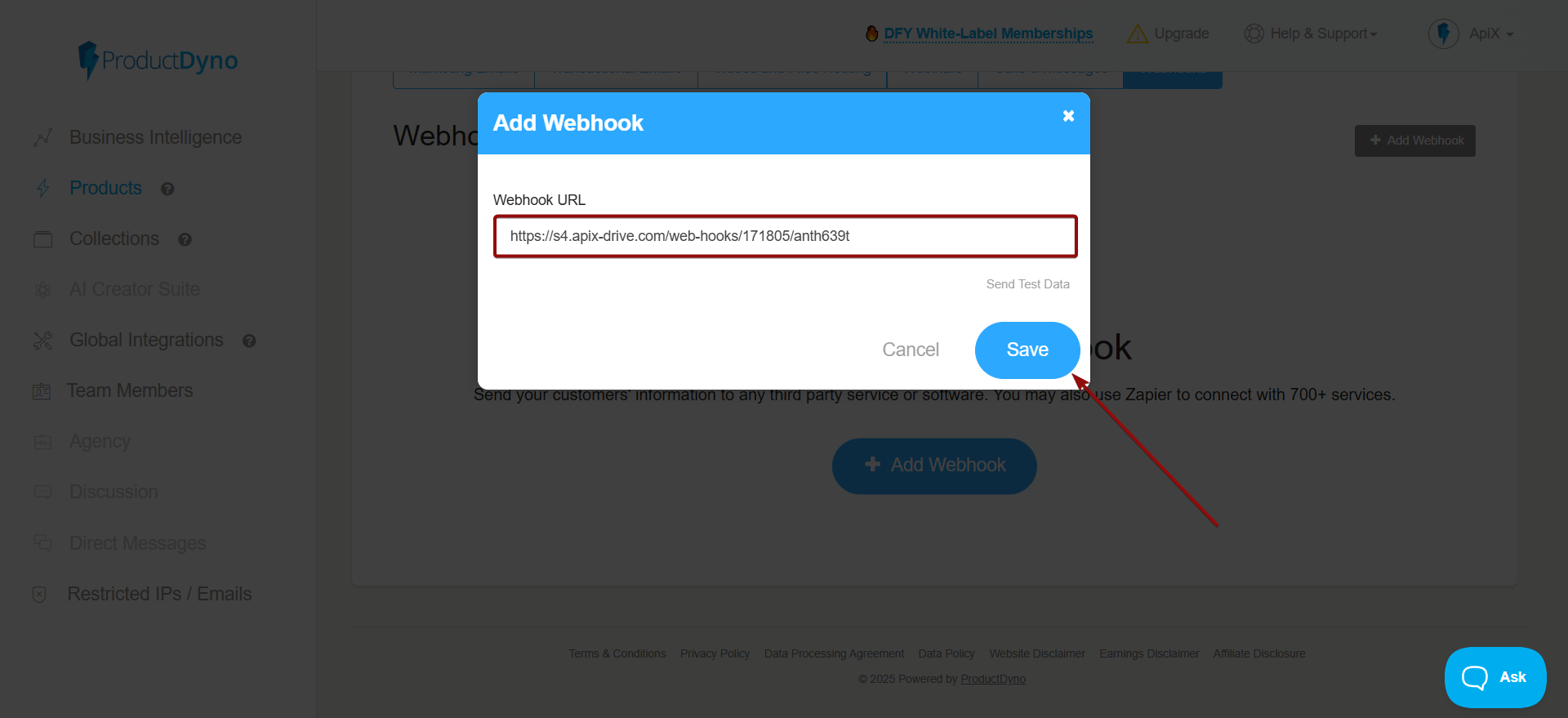 Налаштування ProductDyno | Додати посилання Webhook Налаштування ProductDyno | Додати посилання Webhook