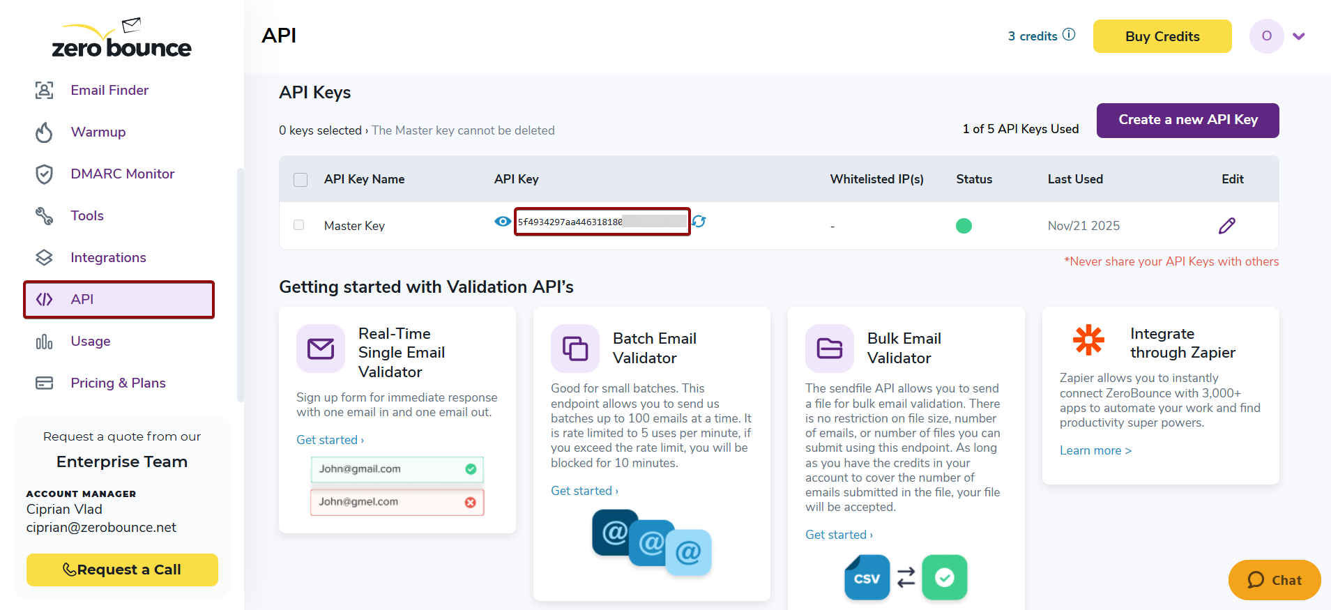 Налаштування ZeroBounce | Розташування ключа API в ZeroBounce