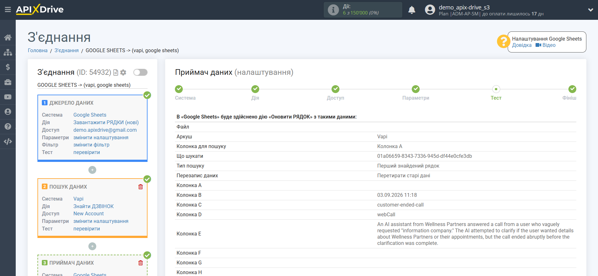 Налаштування пошуку Vapi в Google Sheets | Тестові дані