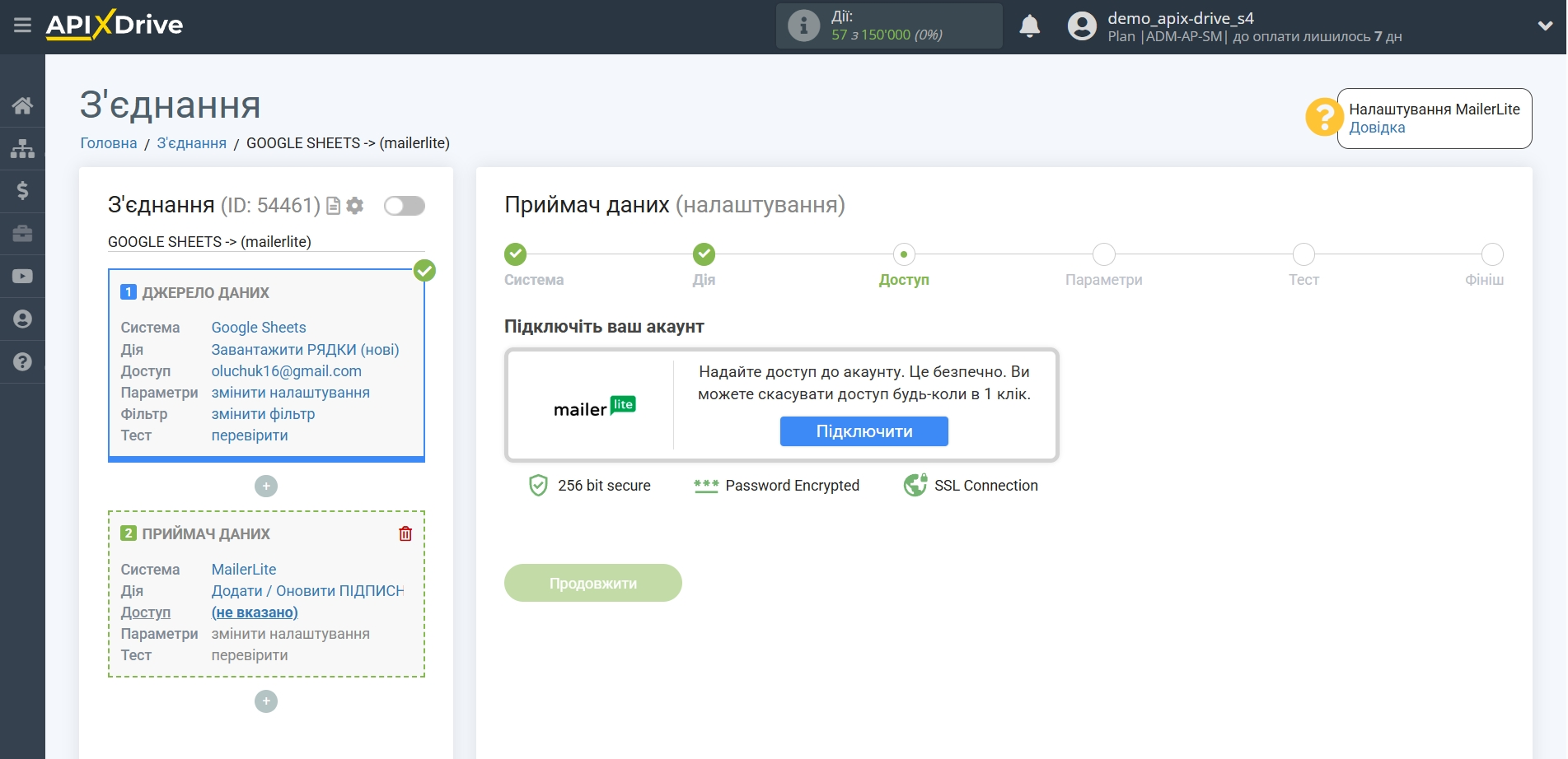 Налаштування Приймача даних MailerLite | Підключення акаунту