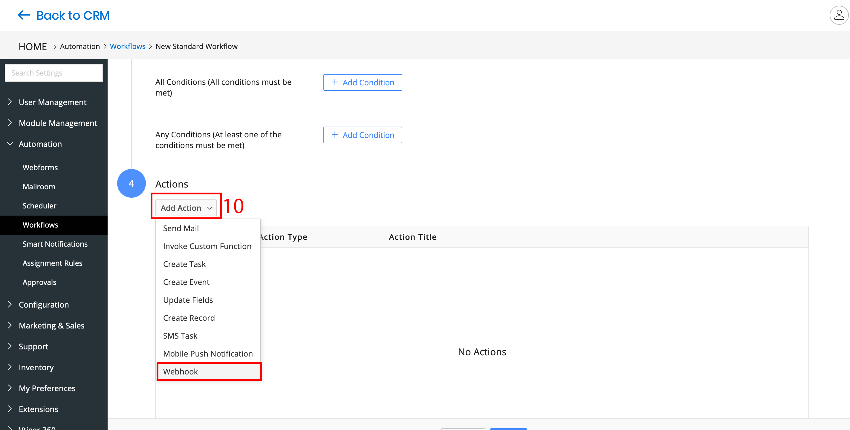 Налаштування vTiger CRM | Налаштування дій Webhook