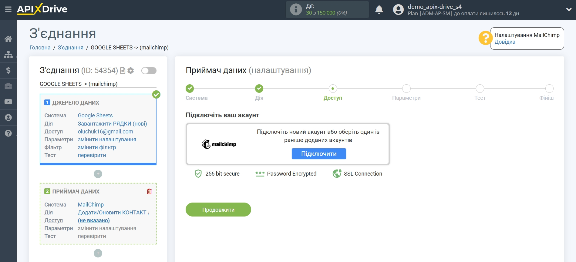 Налаштування Приймача даних MailChimp | Підключення акаунту