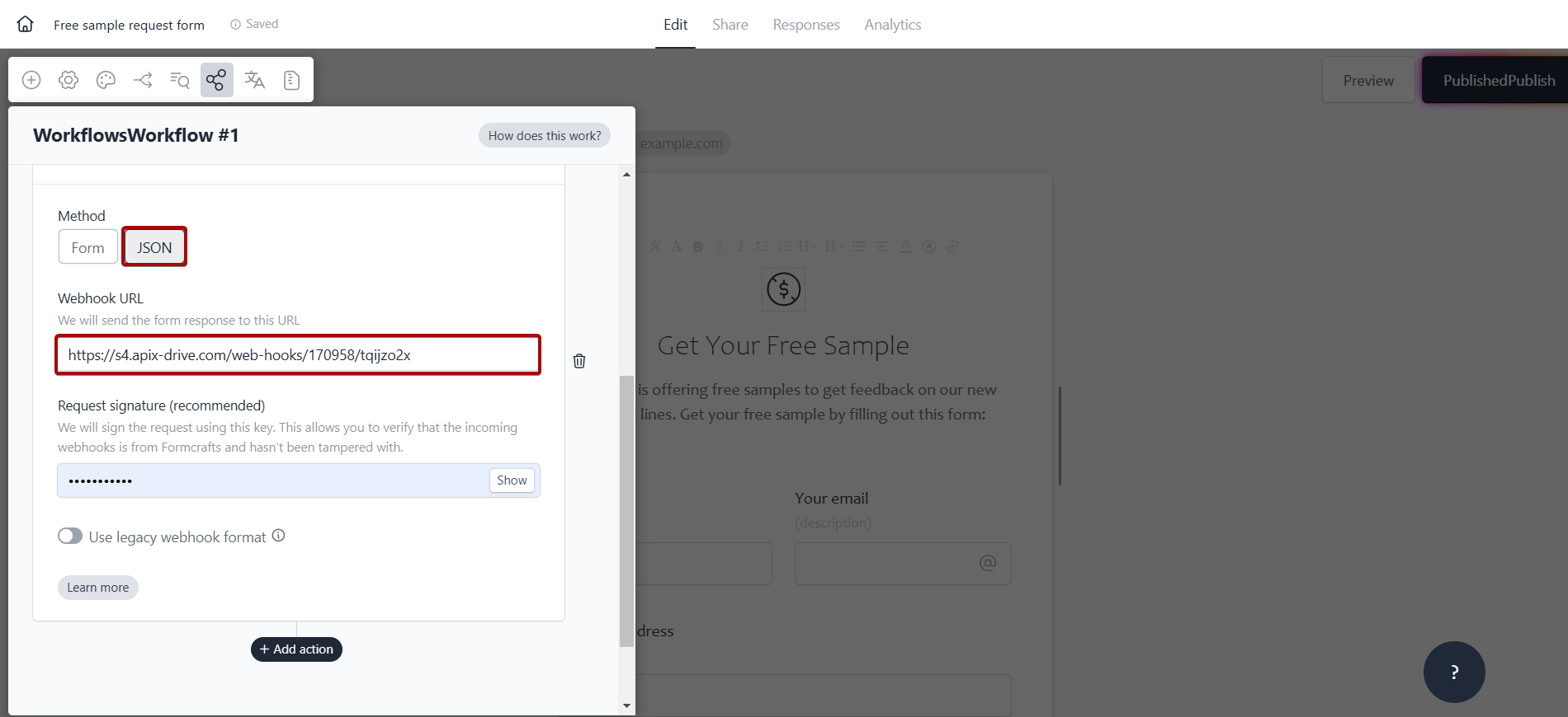 Налаштування FormCrafts Перехід до розділу відправки даних Webhook