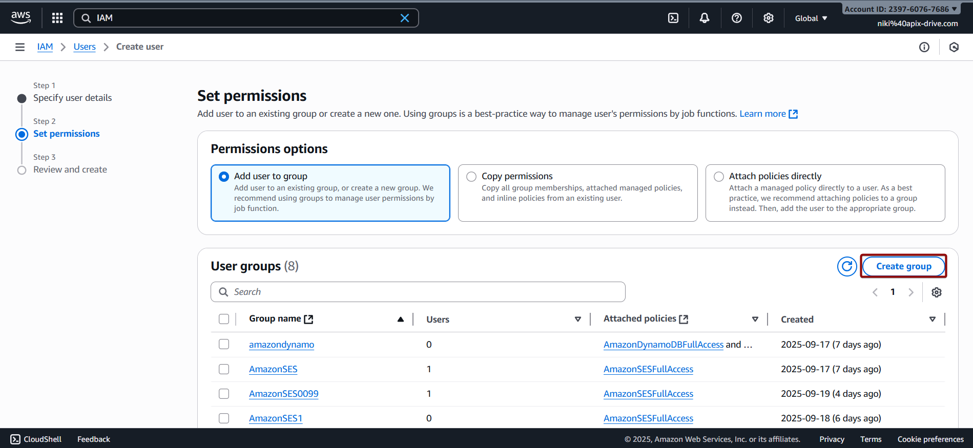 Налаштування Amazon DynamoDB Створення групи прав для користувача