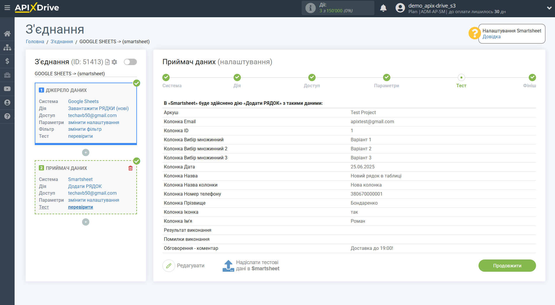 Налаштування Приймача даних Smartsheet | Тестові дані Налаштування Приймача даних Smartsheet | Тестові дані