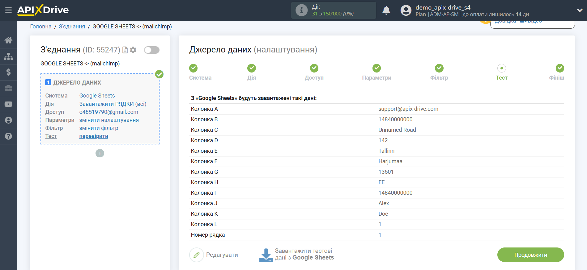 Налаштування Пошуку Контакту MailChimp у Google Sheets | Тестові дані Джерела Налаштування Пошуку Контакту MailChimp у Google Sheets | Тестові дані Джерела