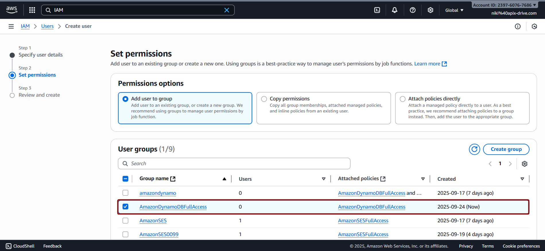 Налаштування Amazon DynamoDB Створення групи прав для користувача
