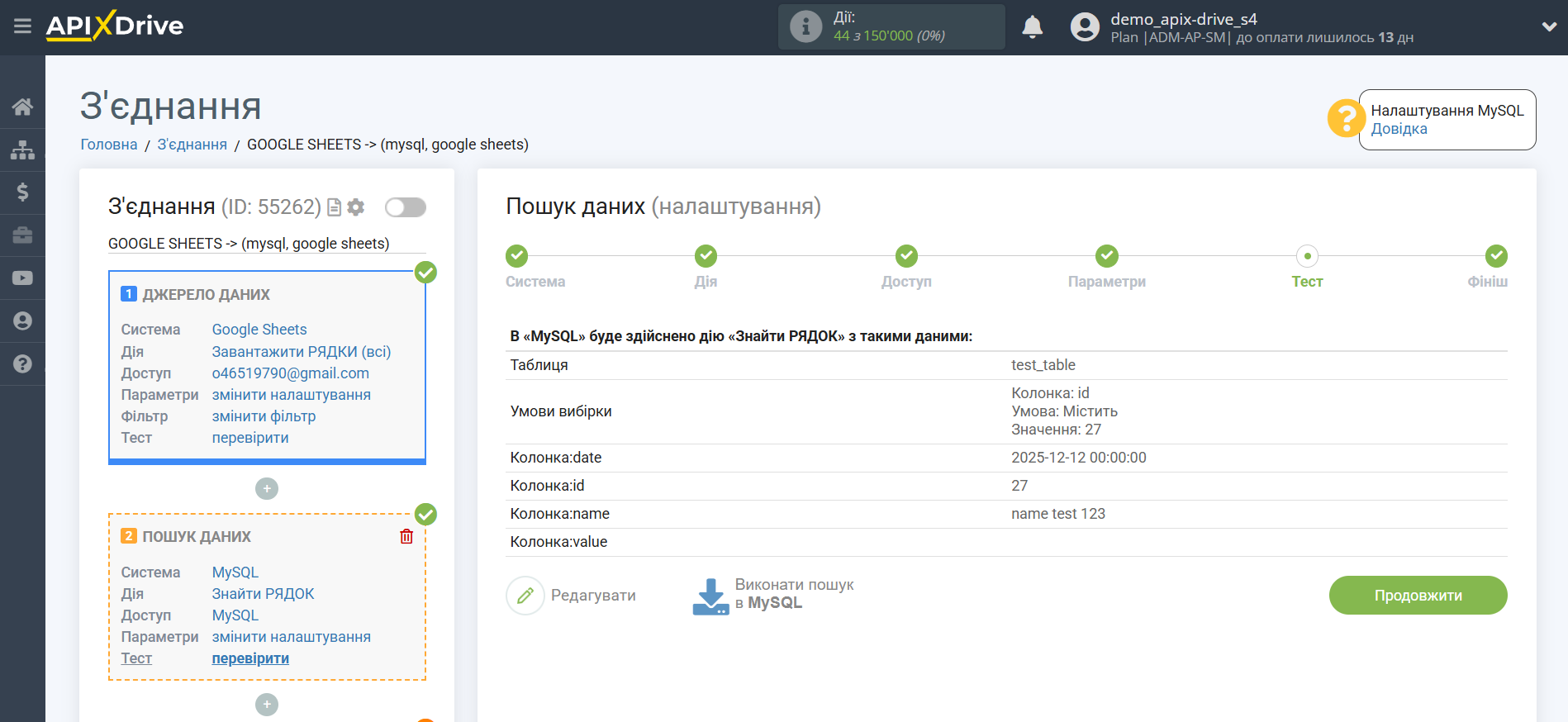 Налаштування Пошуку Рядка MySQL у Google Sheets | Тестові дані Налаштування Пошуку Рядка MySQL у Google Sheets | Тестові дані