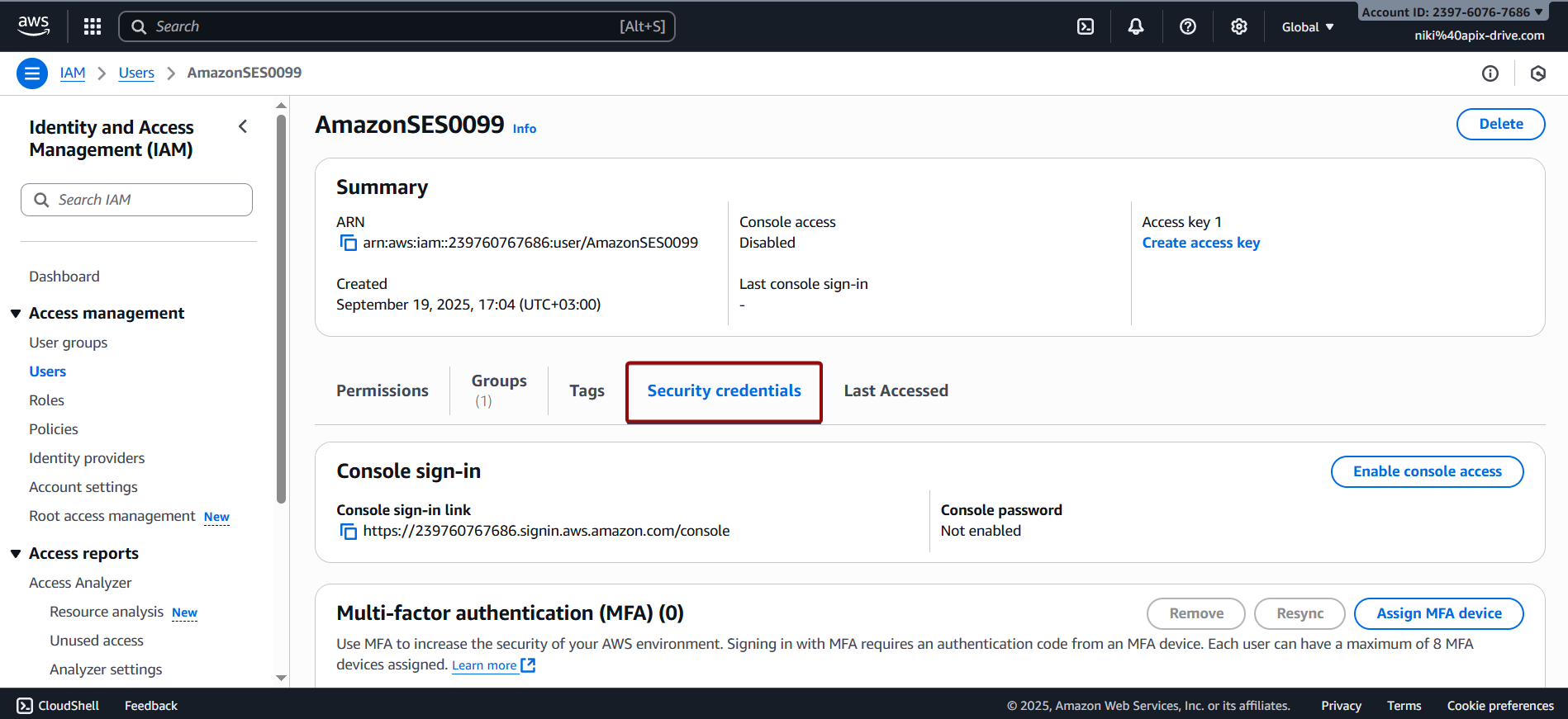 Налаштування Amazon SES | Створення Access key