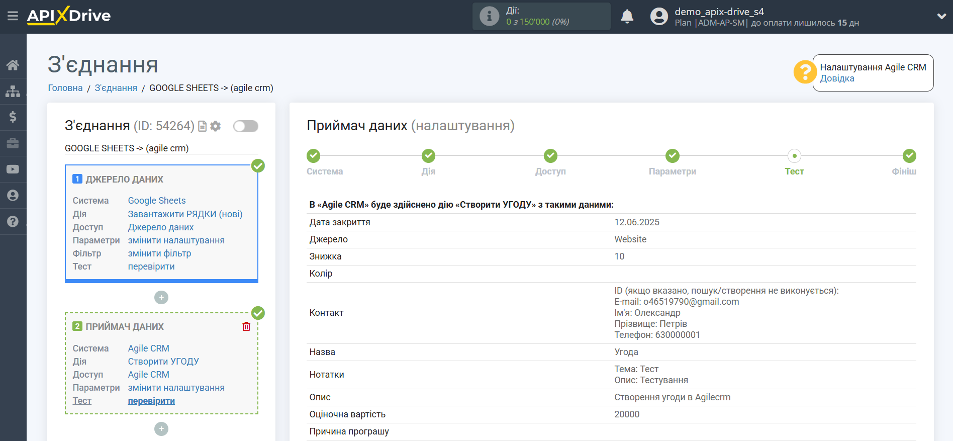 Налаштування Приймача даних AgileCRM | Тестові дані Налаштування Приймача даних AgileCRM | Тестові дані