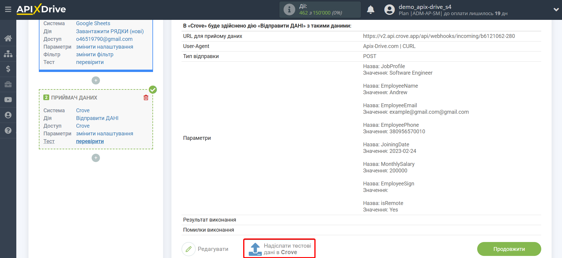 Налаштування Приймача даних Crove | Тестові дані для налаштування полів Налаштування Приймача даних Crove | Тестові дані для налаштування полів