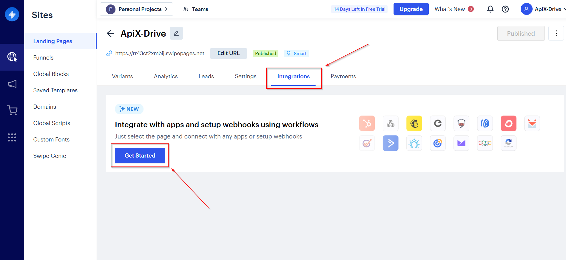 Налаштування Swipe Pages | Перехід у розділ інтеграцій Налаштування Swipe Pages | Перехід у розділ інтеграцій