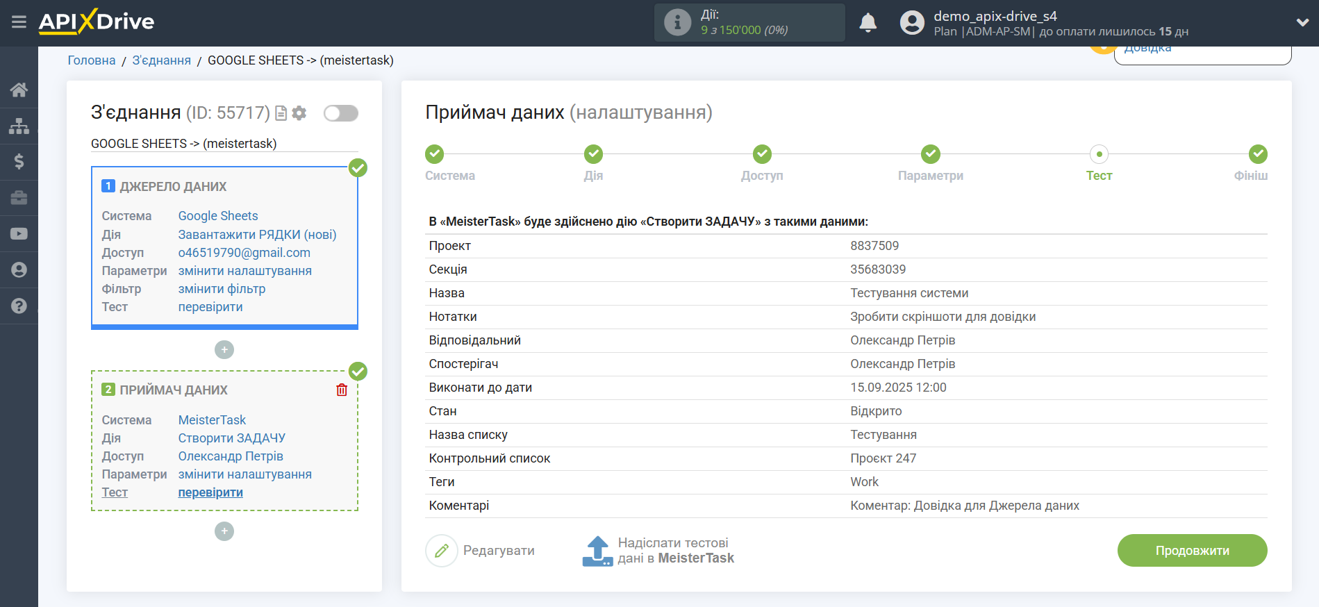 Налаштування Приймача даних MeisterTask | Тестові дані