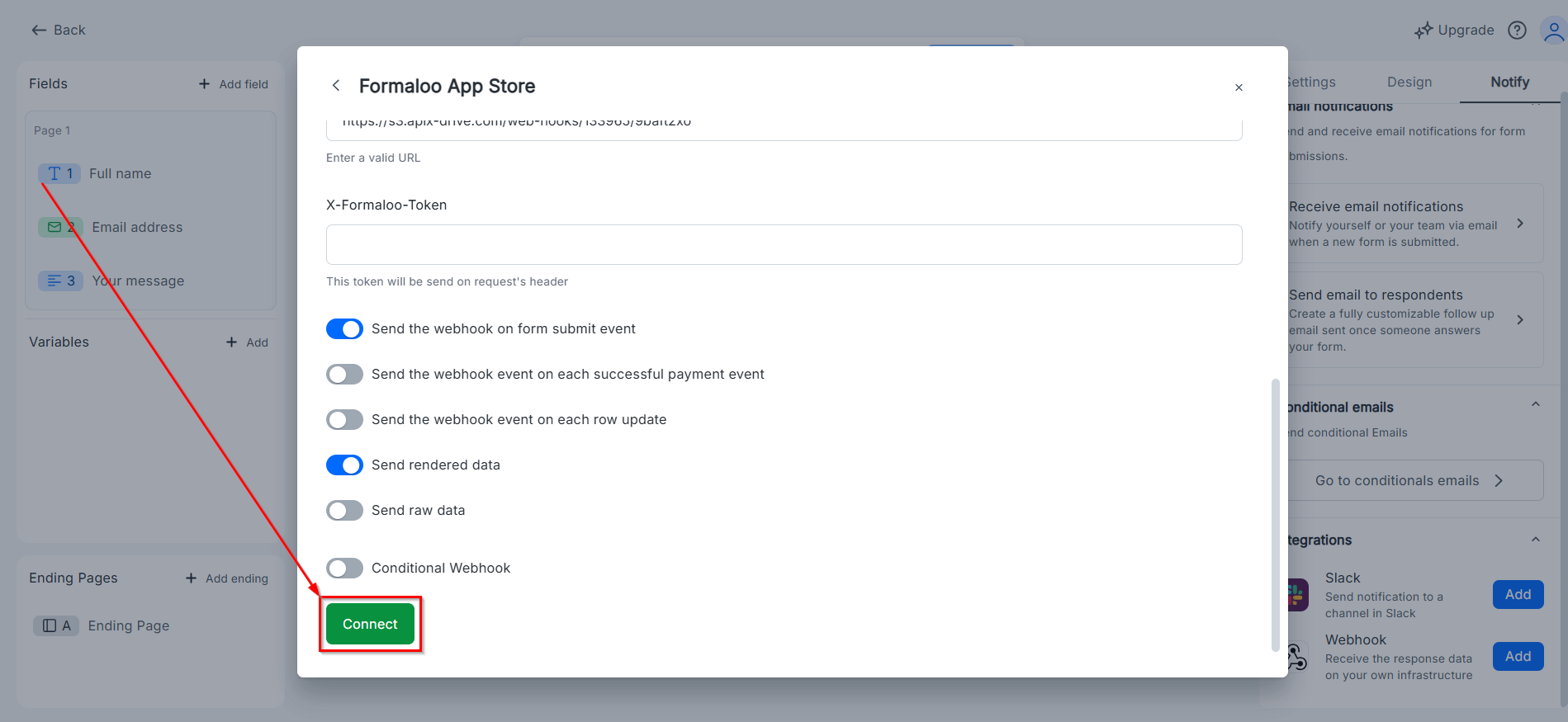 Налаштування Formaloo | Налаштування Webhook та збереження