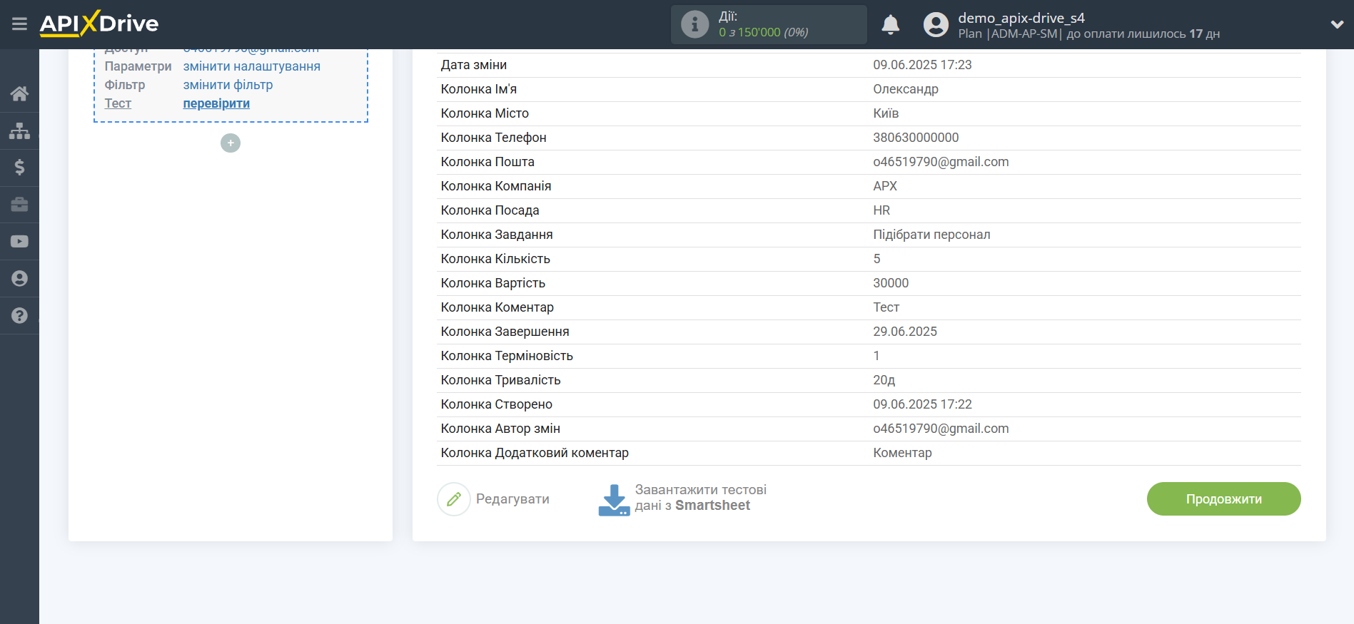 Налаштування Smartsheet | Тестові дані Налаштування Smartsheet | Тестові дані