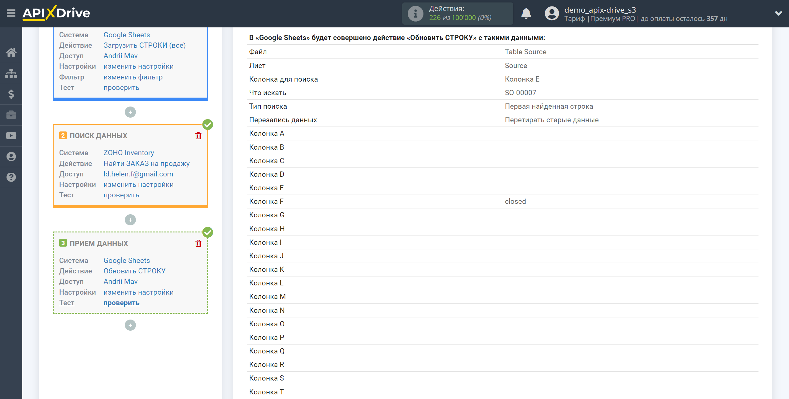 Налаштування Пошуку Замовлення на продаж ZOHO Inventory у Google Sheets | Тестові дані