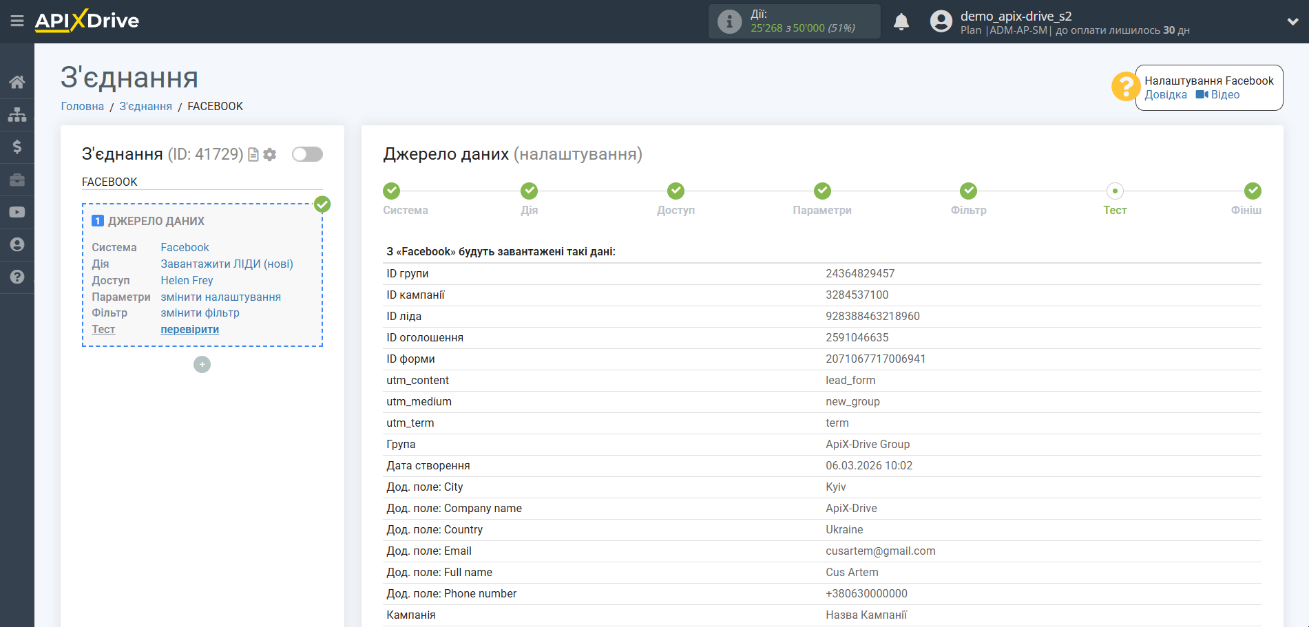Налаштування Facebook | Тестові дані